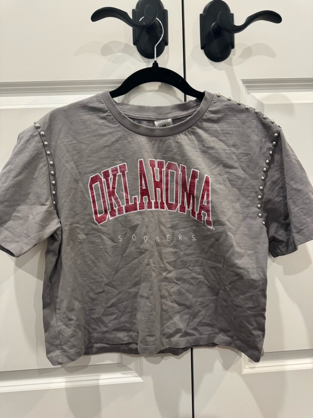 Oklahoma Cropped Tee with Stud Detail - Gray